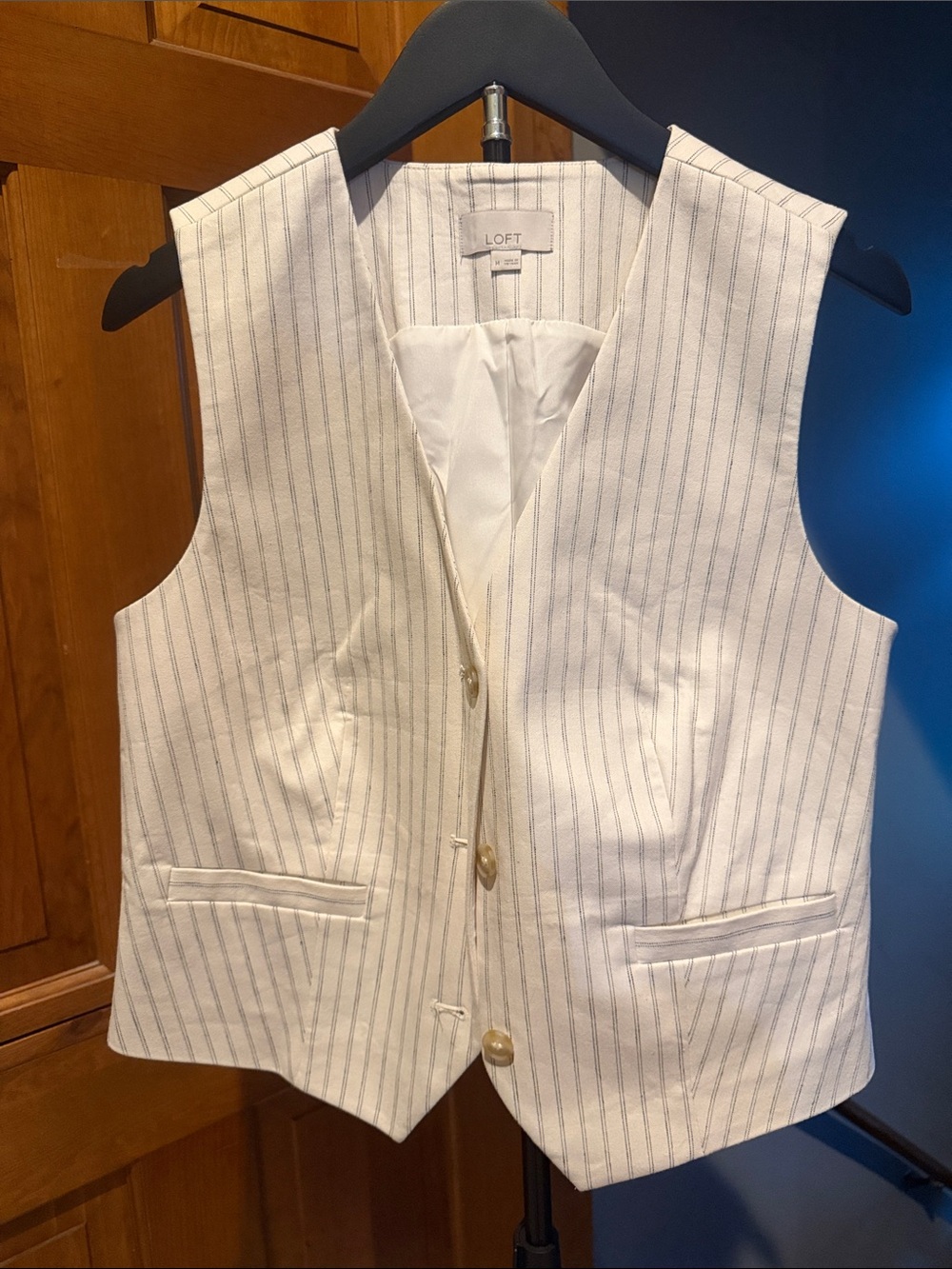 LOFT Off White - Navy Pinstripe Tailored Button Vest